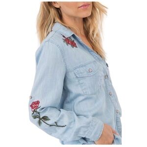Rag Poets Light Blue Denim Button Down Shirt with Rose Embroidery size Small
